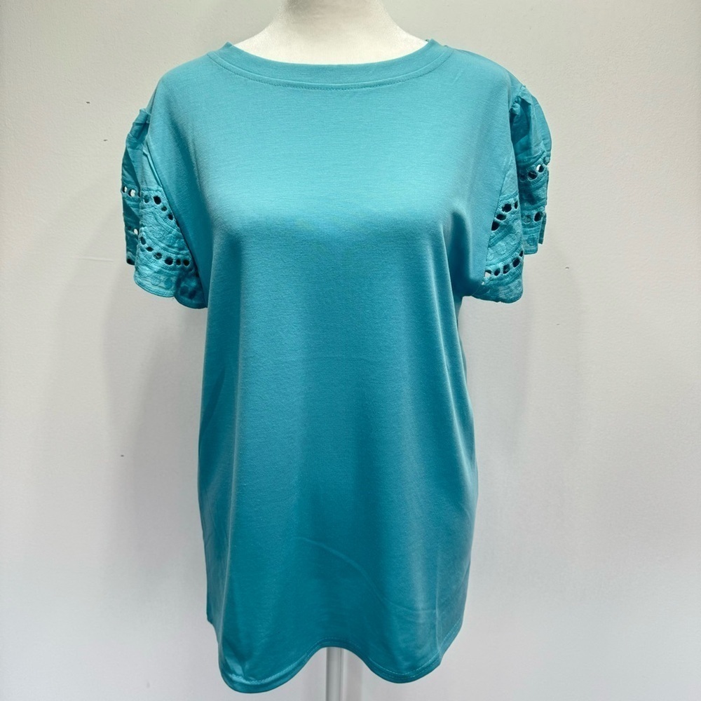 Jasmine Lace Top Teal Flutter Lace Cap Sleeve Knit Crewneck Top by Claudia G